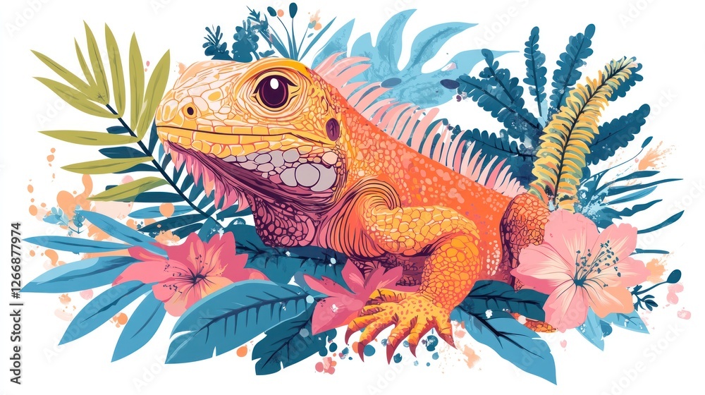 Fototapeta premium Orange Iguana portrait with floral background and tropical foliage for decoration or design