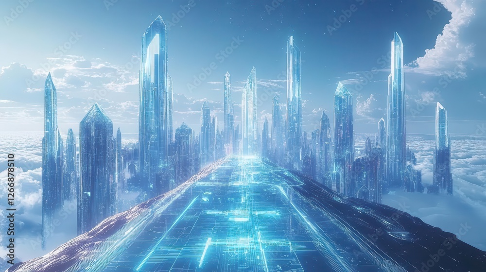 Fototapeta premium Futuristic city skyline with towering crystalline spires, holographic pathways, shimmering digital skies