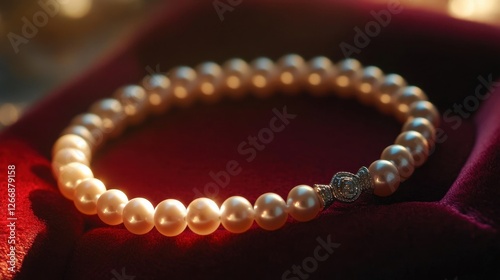 Elegant Pearl Necklace Resting on Luxurious Red Velvet Background