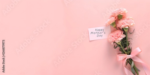 Elegant Baby Pink Carnations Bouquet with Happy Mother’s Day Card on Soft Pink Background