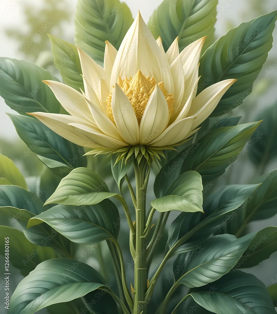 Fototapeta premium A digitally painted illustration of a serene, creamy white flower with lush green leaves. The detail is exquisite.