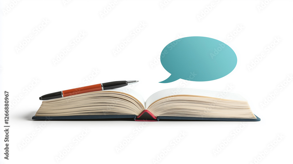 Naklejka premium A high-resolution image of a speech bubble, book, and pen against a flawless white background.