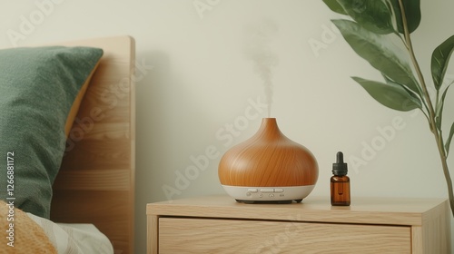 Wallpaper Mural Aromatherapy diffuser with essential oil bottle on bedside table in cozy bedroom setting Torontodigital.ca