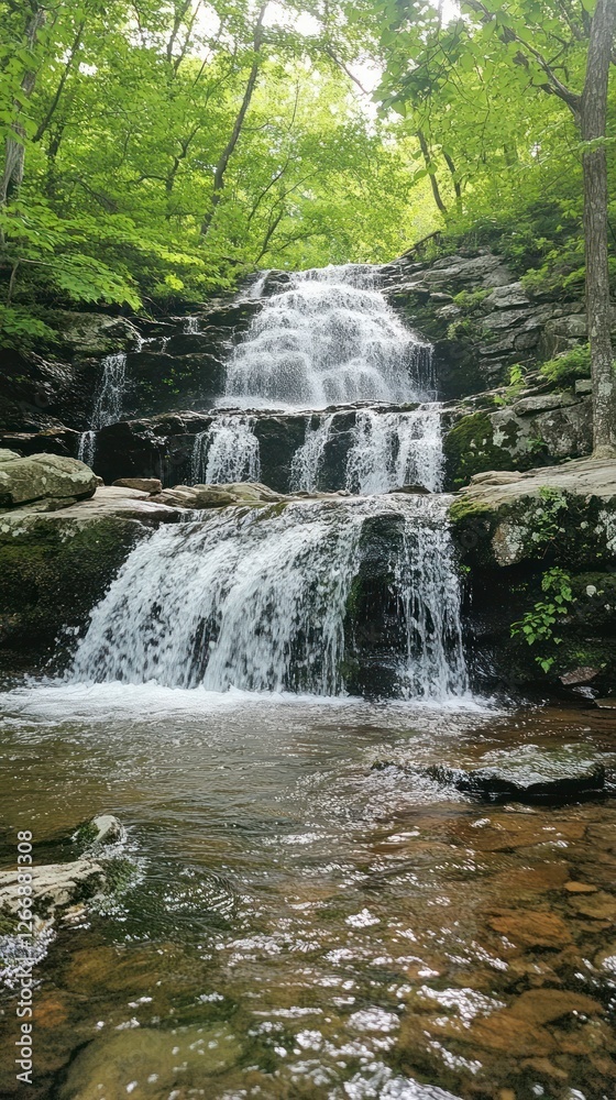 Fototapeta premium cascading waterfall, surrounded by lush greenery and moss-covered rocks, creates an enchanting natural scene. The water is crystal clear with soft ripples as it flows down the rocky surface