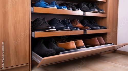 Wooden shoe cabinet with sliding doors in a tidy room