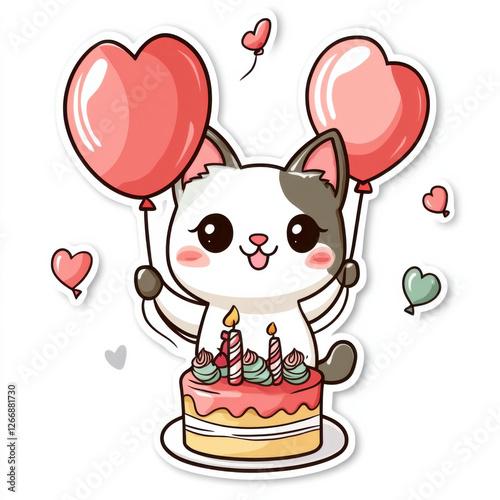 simple style, anime, cat sticker of a cat with a birthday cake and balloons and a heart