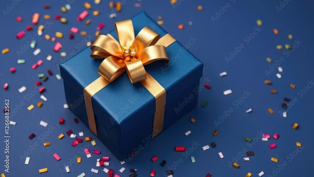Navy blue wrapping paper with golden bow on a gift box, confetti scattered around, wrapping paper, gift box Navy blue wrapping paper with golden bow on a gift box, confetti scattered around, wrapping paper, gift box