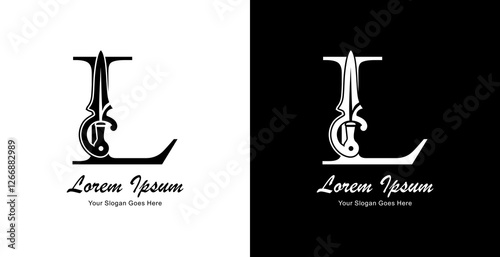 sword-shaped logo design combined with the letter L