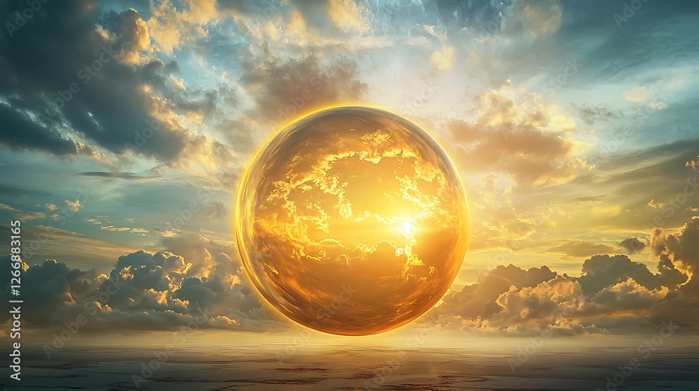 A large golden sphere is floating in the sky above a cloudy backdrop
