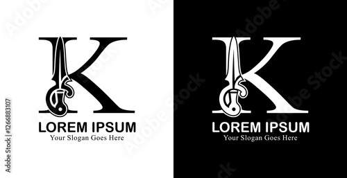 sword-shaped logo design combined with the letter K