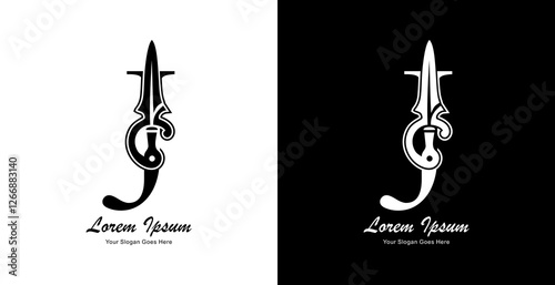 sword-shaped logo design combined with the letter J