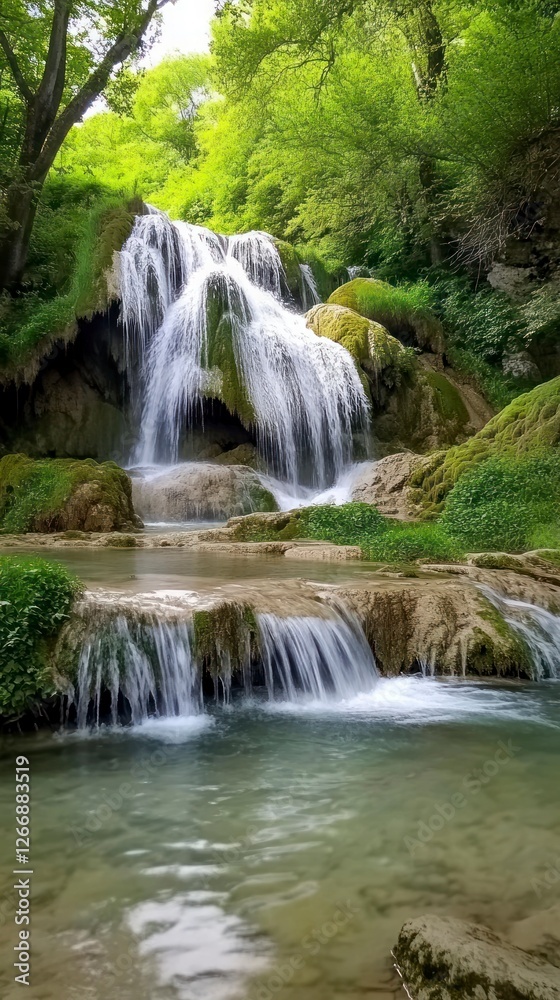 cascading waterfall, surrounded by lush greenery and moss-covered rocks, creates an enchanting natural scene. The water is crystal clear with soft ripples as it flows down the rocky surface cascading waterfall, surrounded by lush greenery and moss-covered rocks, creates an enchanting natural scene. The water is crystal clear with soft ripples as it flows down the rocky surface