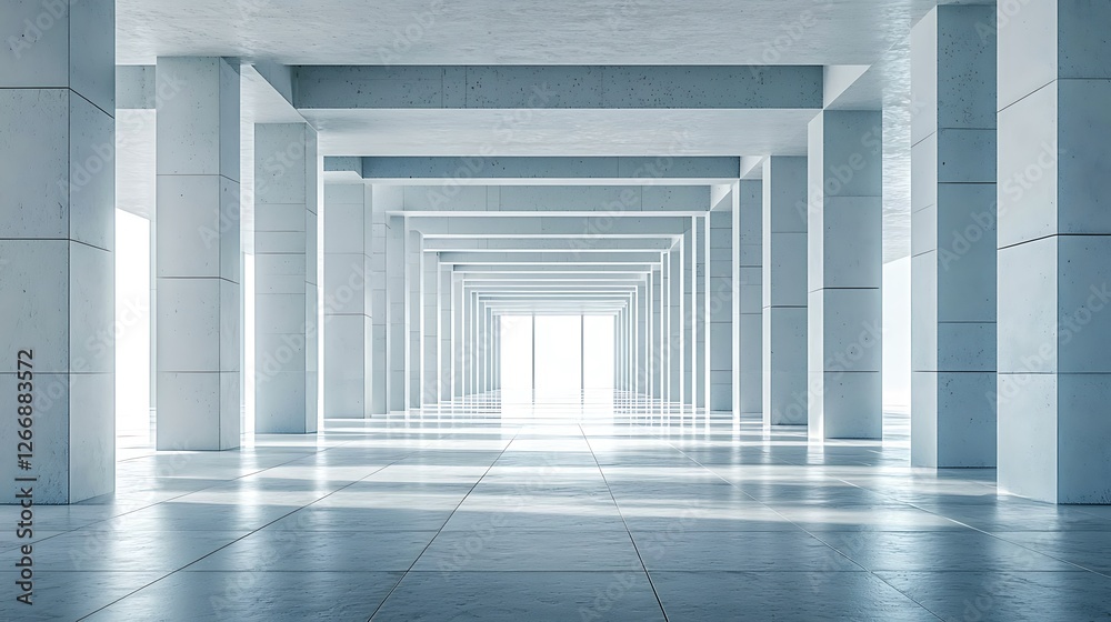 Obraz premium A long, empty hallway with white pillars and a window