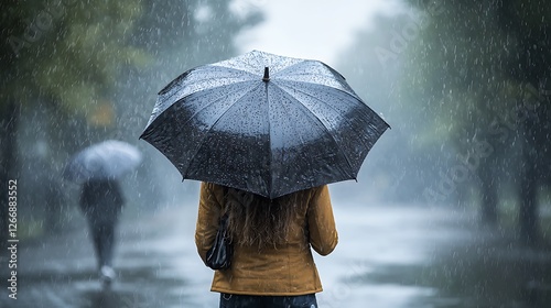 Woman walking rainy city street, umbrella, downpour, background blur, weather