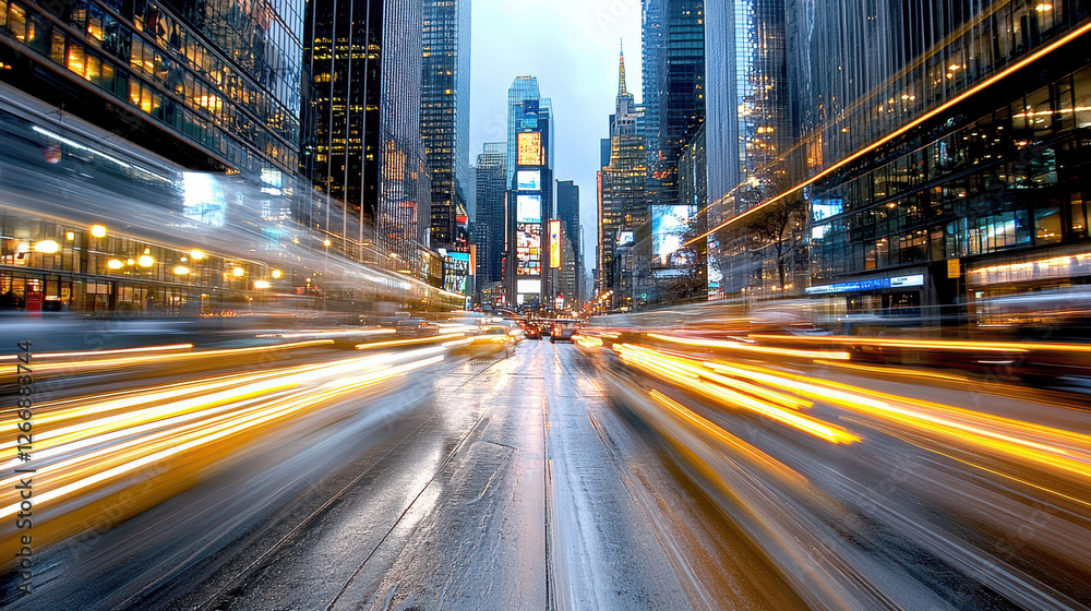 Naklejka premium vibrant city scene showcasing motion blur of traffic in urban setting