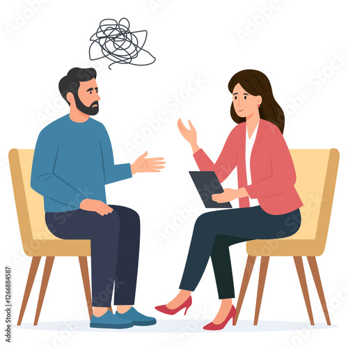 Psychology therapy counseling. Psychologist talking with patient. Man with stress, depression or mental problem.Vector illustration.