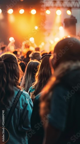 Concert Crowd: A sea of heads bathed in warm stage lights, capturing the energy of a live music experience.