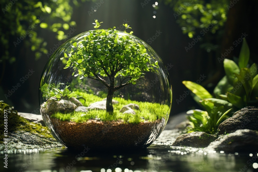 glass globe with green trees growing on it, surrounded by lush grass and sparkling water droplets in the background of an enchanted forest. The scene is illuminated by soft sunlight filtering through glass globe with green trees growing on it, surrounded by lush grass and sparkling water droplets in the background of an enchanted forest. The scene is illuminated by soft sunlight filtering through