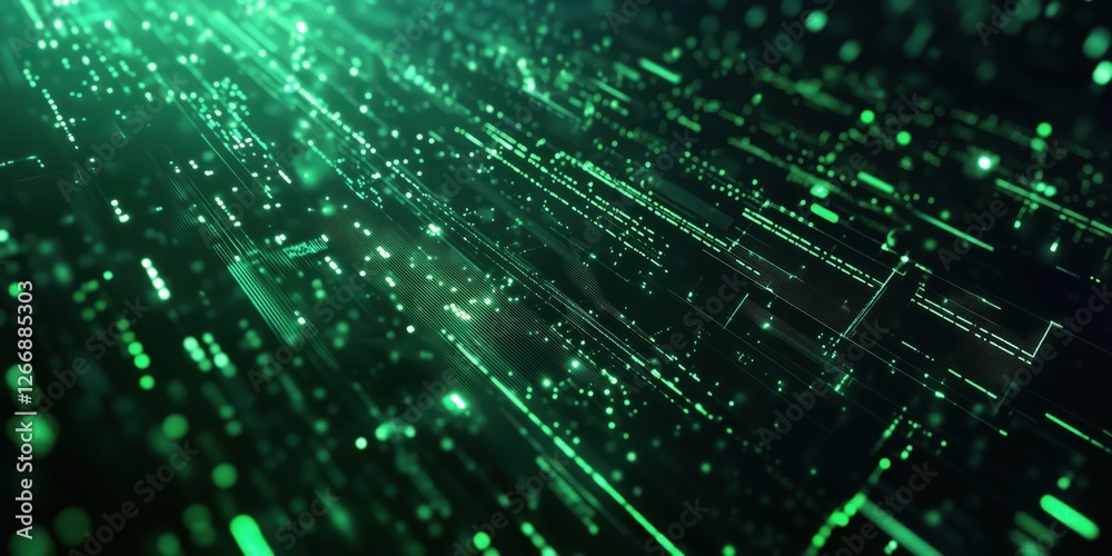 Abstract green digital data flow with glowing particles and lines in motion Abstract green digital data flow with glowing particles and lines in motion