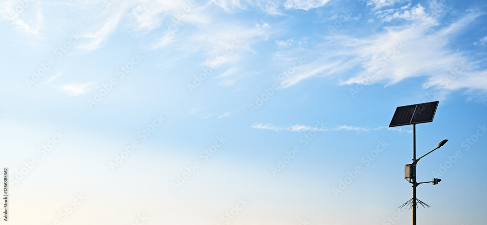 A banner of a solar-powered streetlight against a bright blue sky with the sun shining brightly. A banner of a solar-powered streetlight against a bright blue sky with the sun shining brightly.