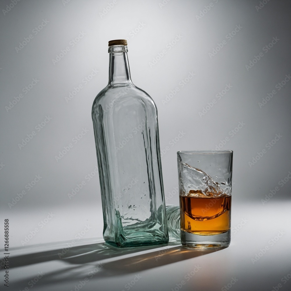 A half-empty alcohol bottle with a tipped-over glass beside it, creating a dramatic story on white. A half-empty alcohol bottle with a tipped-over glass beside it, creating a dramatic story on white.