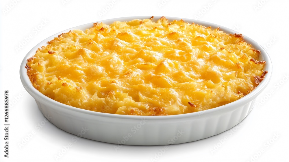 Golden cheesy hash brown casserole with a crispy crust, beautifully plated on a white ceramic dish, isolated on a bright white background Golden cheesy hash brown casserole with a crispy crust, beautifully plated on a white ceramic dish, isolated on a bright white background