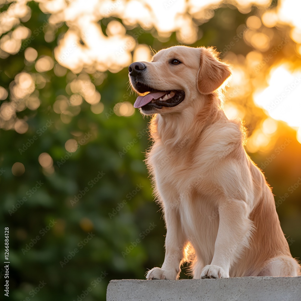 Golden Retriever sunset park happy dog sitting Golden Retriever sunset park happy dog sitting