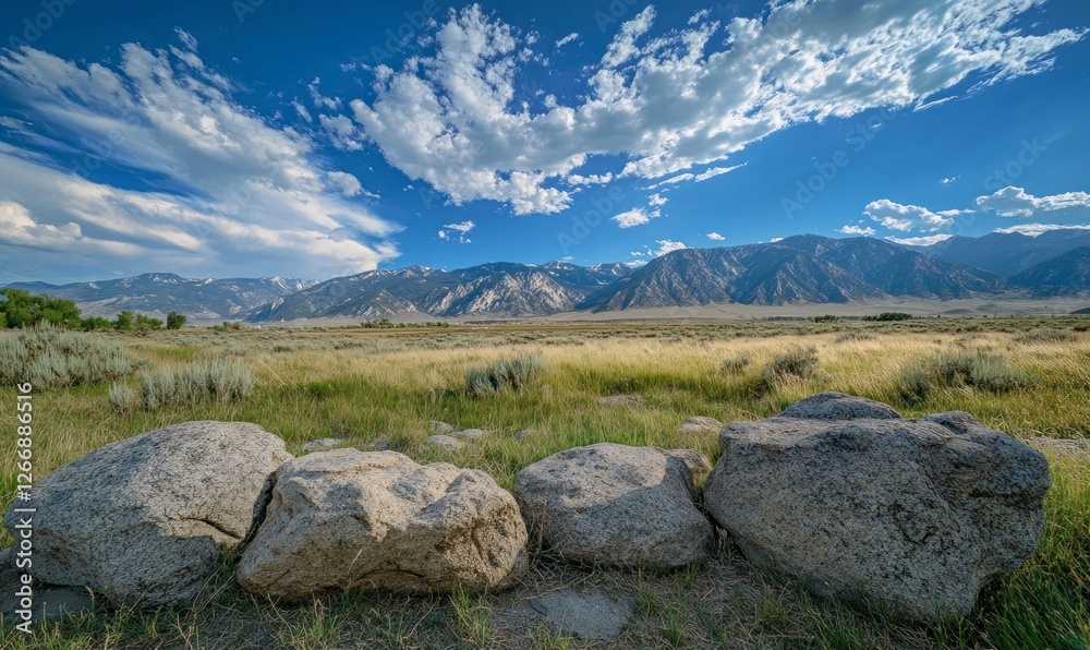 Beautiful landscape photograph, with rocks and green grass on both sides, mountains in the background, a blue sky, and bright sunlight providing natural lighting. Beautiful landscape photograph, with rocks and green grass on both sides, mountains in the background, a blue sky, and bright sunlight providing natural lighting.