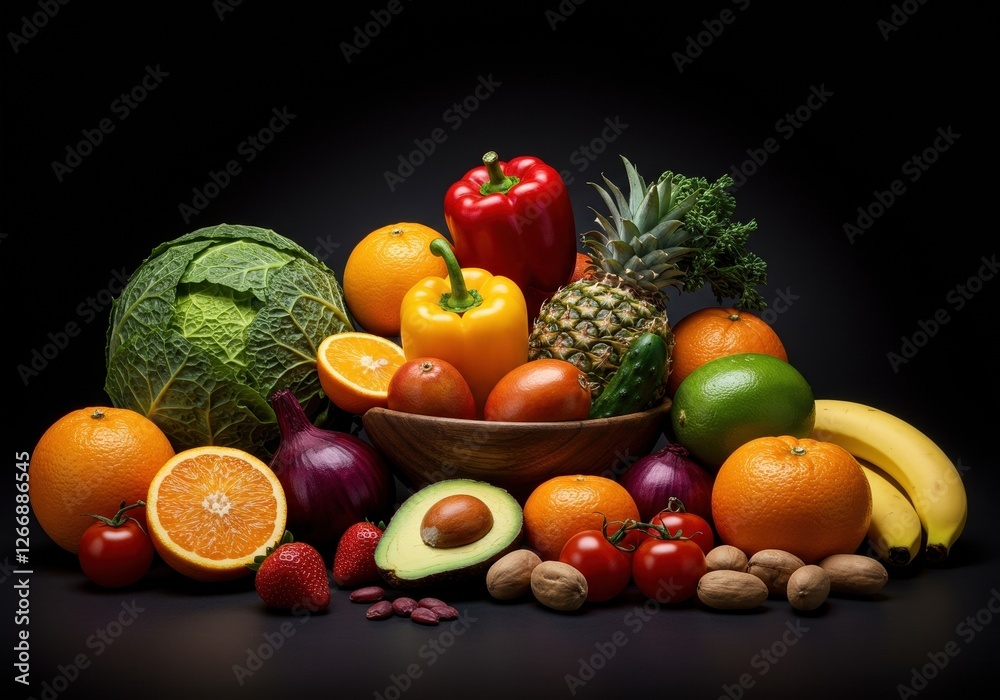 Vibrant Selection of Fresh Fruits and Vegetables on Dark Background - Perfect for Healthy Food Promotion and Nutrition Blogs Vibrant Selection of Fresh Fruits and Vegetables on Dark Background - Perfect for Healthy Food Promotion and Nutrition Blogs