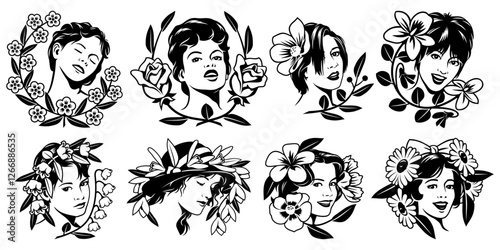 Pretty Women Faces with Flowers and Leaves Around. Spring Girls Portraits. Black and white vector cliparts isolated on white.