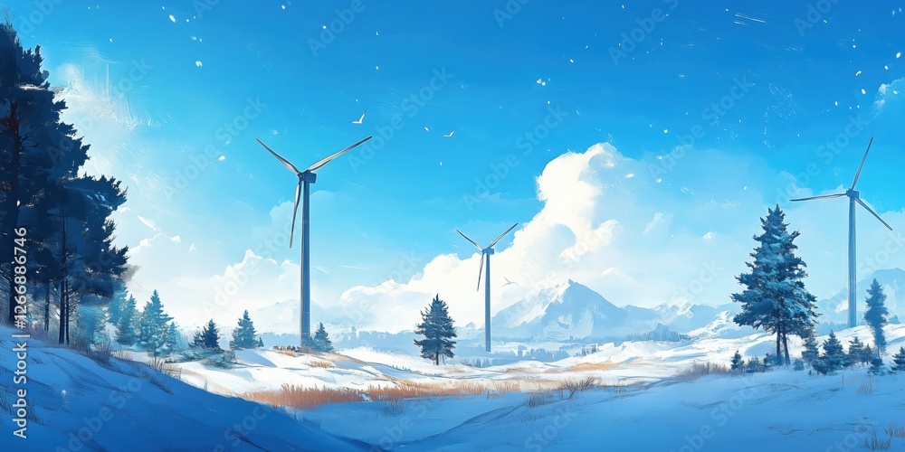 Winter landscape with wind turbines and snowy mountains under blue sky Winter landscape with wind turbines and snowy mountains under blue sky