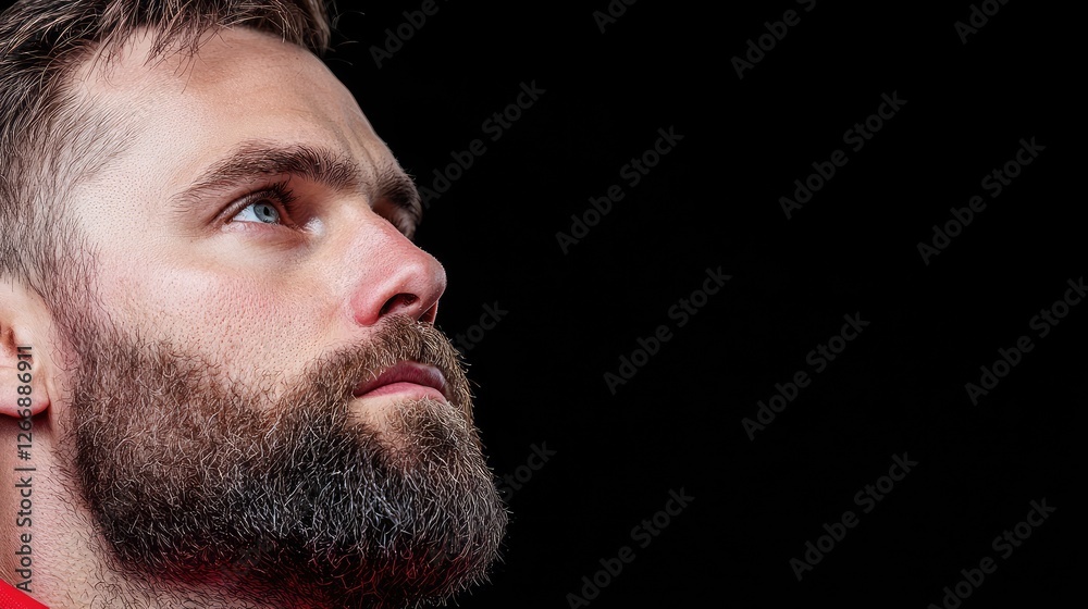 Obraz premium Man with beard looking up, dark background, pensive expression, profile portrait