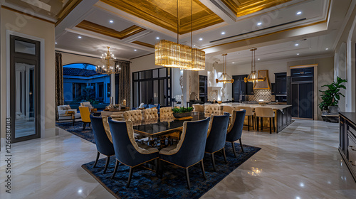dining space with an open-concept design, gold-accented decor, and an illuminated statement chandelier 