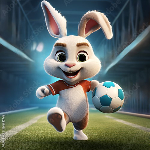 happy cartoon rabbit playing football on field. easter bunny in sport suit running on grass. generative ai image