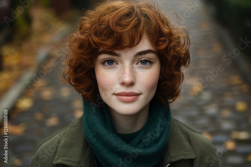Young Caucasian female with auburn hair, standing on a cobblestone path in autumn, wearing a green scarf and jacket