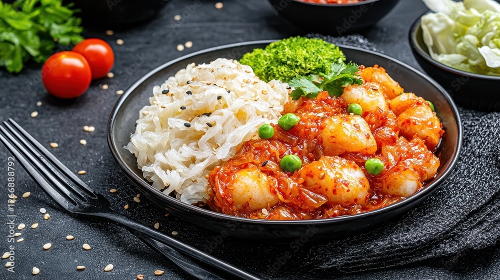 Colorful plate of Asian-inspired dumplings with rice served on dark textured background Colorful plate of Asian-inspired dumplings with rice served on dark textured background