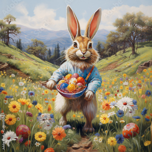 A cute Easter bunny in a festive costume holding a basket of colorful eggs in a vibrant spring meadow. Perfect for Easter themes