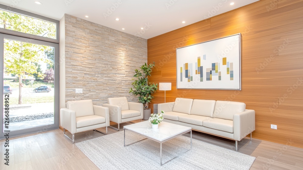 Fototapeta premium Modern lobby waiting area with wood walls, natural light