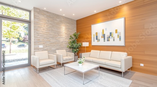 Wallpaper Mural Modern lobby waiting area with wood walls, natural light Torontodigital.ca