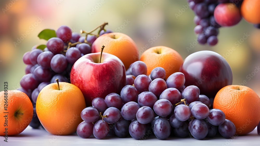 A vibrant arrangement of fresh red apples, oranges, and bunches of red grapes against a soft-focus background. A vibrant arrangement of fresh red apples, oranges, and bunches of red grapes against a soft-focus background.