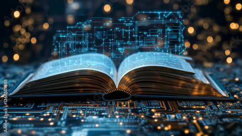 Stunning macro of a circuit board with open books representing digital learning solutions.