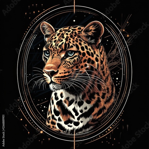 Leopard portrait, encircled in graphic design on black, for art prints and exotic themes photo