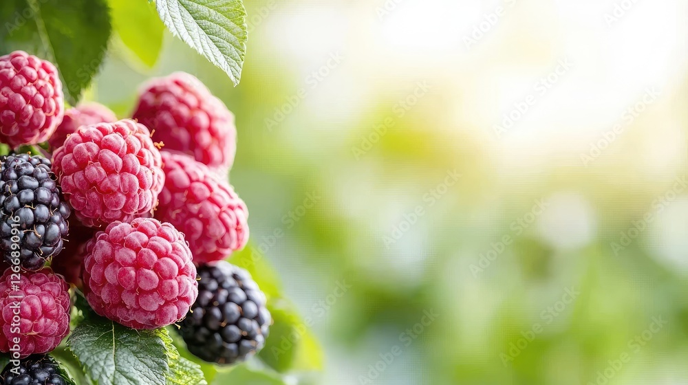 Ripe raspberries and blackberries on bush, sunlight, garden background, food recipe