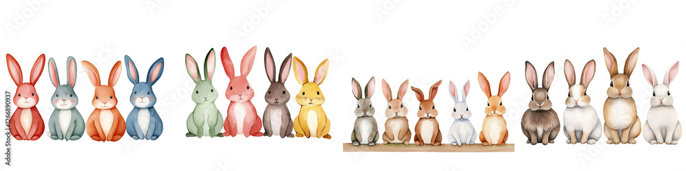Colorful rabbit collection posed together studio digital art whimsical front view animal design Colorful rabbit collection posed together studio digital art whimsical front view animal design