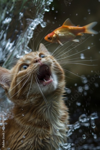 Cat trying to catch a goldfish.