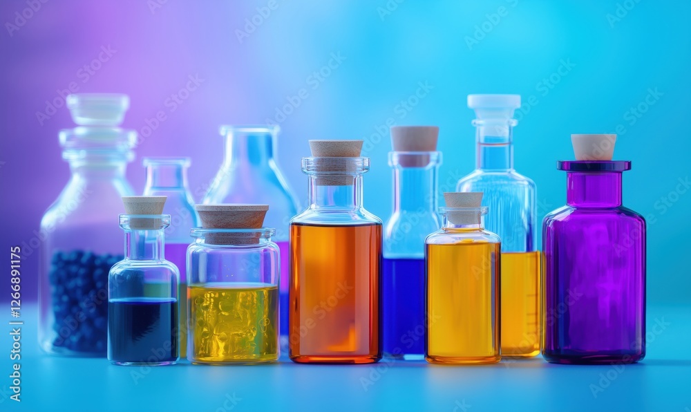 Colorful glass bottles filled with liquids in various shades and sizes on a gradient background Colorful glass bottles filled with liquids in various shades and sizes on a gradient background