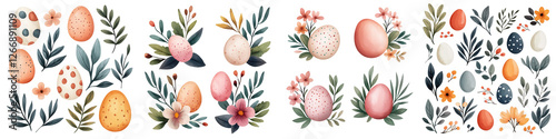 Spring celebration decorative egg illustrations natural setting floral design vibrant colors artistic viewpoint