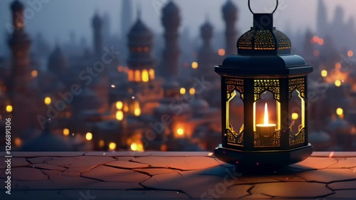 Enchanting Ramadan Lantern against a mystical city backdrop at twilight