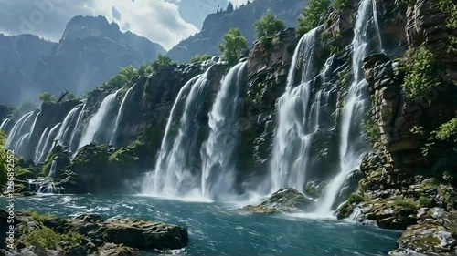 Majestic Cascade, A Serene Waterfall Retreat in Lush Mountainous Terrain