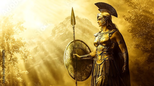 A woman in a golden costume holding a shield and spear